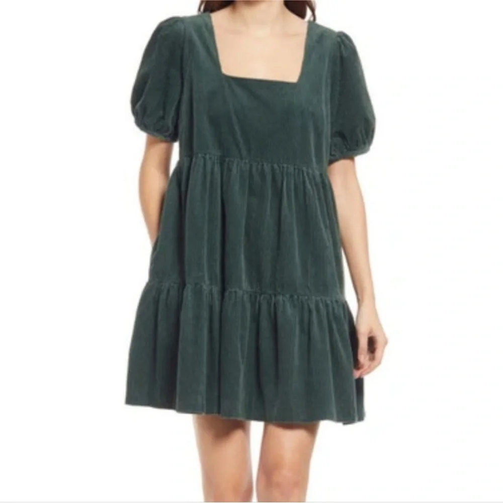 Madewell‎ Corduroy Aidy Square-Neck puff sleeve Tiered Mini Dress Hunter Green 6